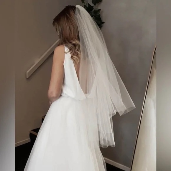 Designer White Fingertip Wedding Veil with Blusher
